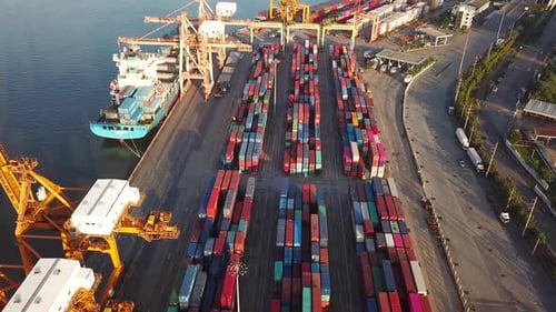 Aerial top view of container cargo ship in the export and import business and logistics