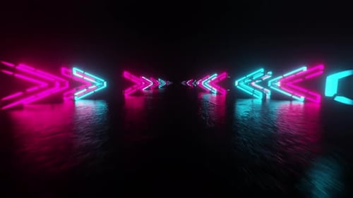 Red cyan neon background with glowing gradient arrows, showing forward direction