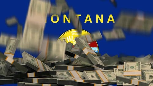 Dólares americanos caindo na frente da bandeira do estado de Montana