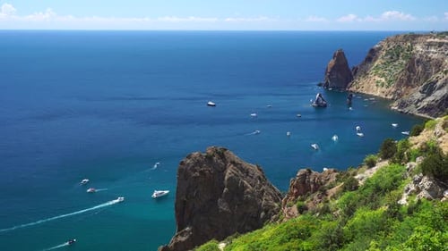 Sea Landscape with Yachts and Rocky Coastline