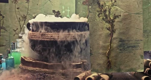 Halloween witcher cauldron. Books and scrolls in herbalist's workshop.