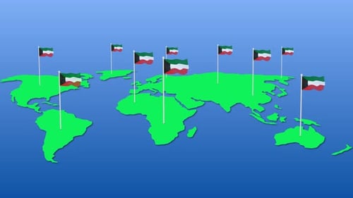 Animated Kuwait Flags on World Map for Global Representation