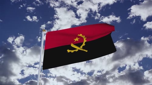 Realistic Angolan Flag Waving in Wind Against Blue Sky