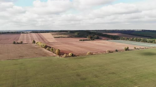 Beautiful natural agricultural fields in autumn sunny day. Drone flying over wheat field