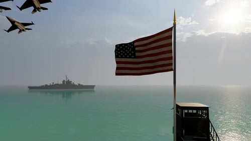 USA Flag Waving with Warship and Fighter Jets Over Ocean