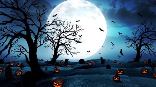 Spooky Halloween Night with Flying Bats and Pumpkins in Graveyard