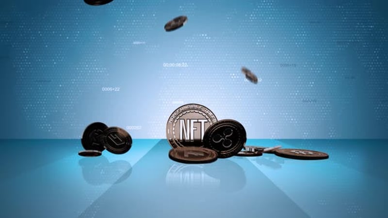 Falling NFT Coins on Digital Code Background Reveal, Backgrounds Motion ...