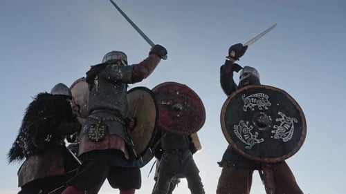 Fierce Warriors Engaged in Sword and Axe Combat