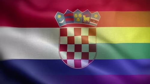 Waving Croatian Flag with Rainbow Pride Stripes Background