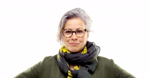 Beautiful White Hair Adult Senior Woman Serious Happysmiling Putting on and Getting of Eyeglasses