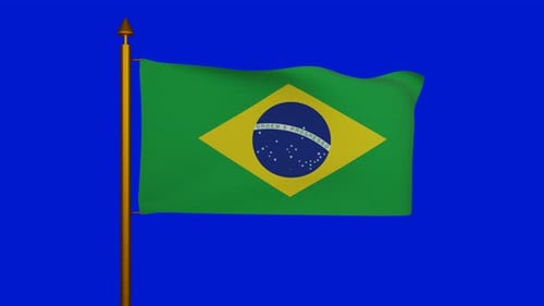 Seamless Loop of Brazilian National Flag Waving on Pole with Blue Screen