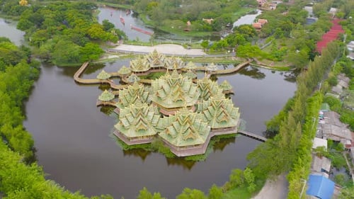 Aerial top view of The Ancient Siam City, the museum park with lake, in Samut Prakan Province,