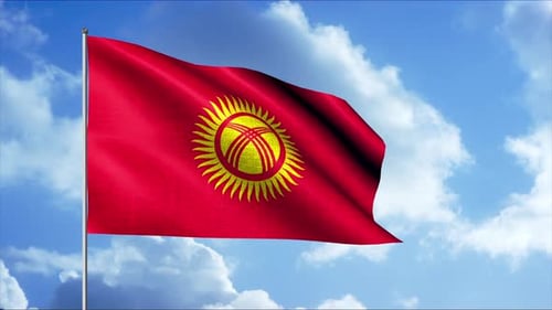 Vibrant Kyrgyzstan Flag Waving on Pole Against Blue Sky
