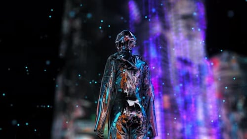 Futuristic Humanoid Figure in Neon Digital Cityscape Animation