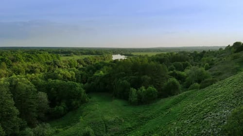 Luftaufnahme des grünen Sommerwaldes und der Schlucht bei Sonnenuntergang