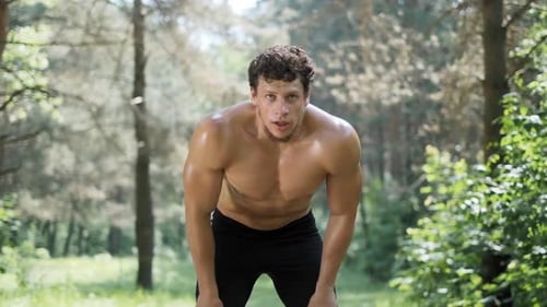 Slow Motion Shot of Man Running Through Pine Forest on Path in Woods. Runner Training Fitness and