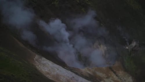 iceland landscape, geothermal hotspring steam smoke, camera pan and tilt to follow the motion of the