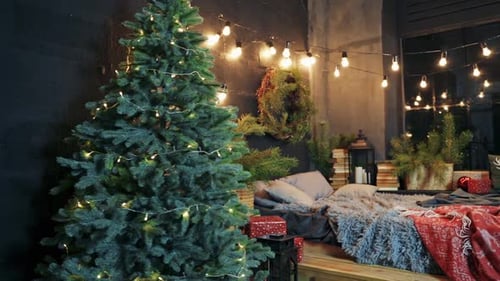 Cozy Christmas Home Interior with Tree and Gifts