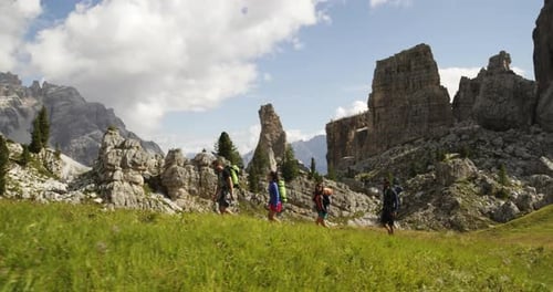 Four Friends Walking Along Wild Hiking Trail Path