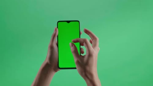 Hand Zoom In Green Screen Smartphone On Green Screen Background