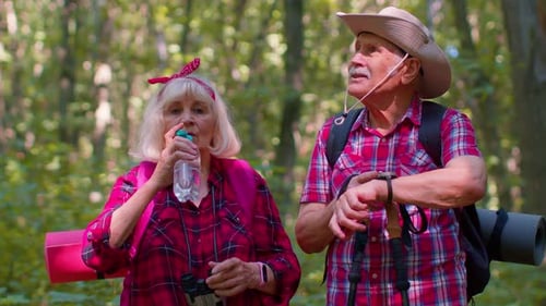 Senior Couple Hiking in the Woods on Sunny Day