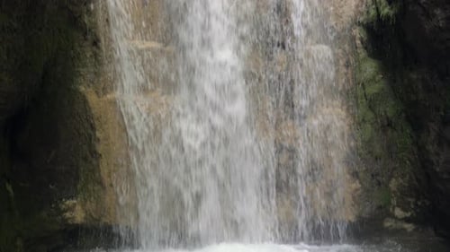 Tilt up of Waterfall Cascade flowing into idyllic pool in rainforest,slow motion