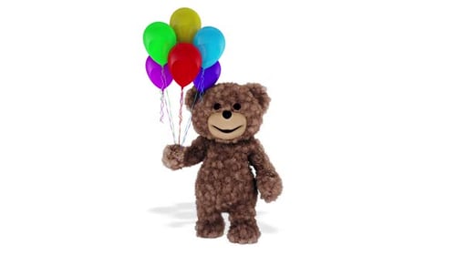 Fluffy Teddy Bear Holding Colorful Balloons Animation
