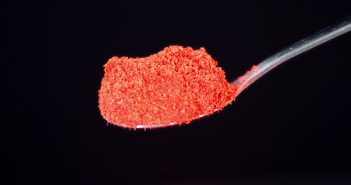 Ground Red Chili Pepper Falls From the Spoon.