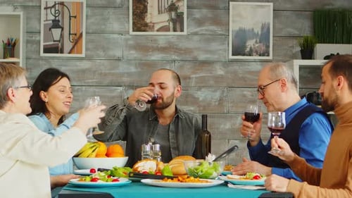 People Sharing Meal and Toasting with Wine