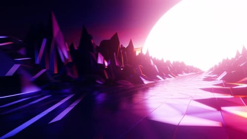 Abstract Retro Futuristic Flight Through Geometric Landscape