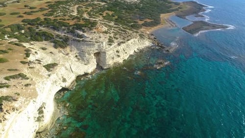 Aerial Top View of Seashore Sea with Mountain Steep Rocky Cliff Beautiful Tourist Landscape