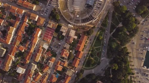 Red Roofs, Roads and Arena On Sunset. Pula, Croatia