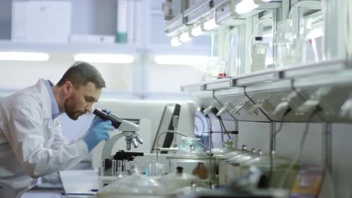 Man Using Microscope in Bright Lab