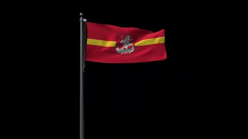 Realistic Red Flag with Yellow Stripe Waving on Pole