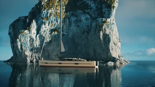 Yacht in the Sea with Greeny Rocky Island
