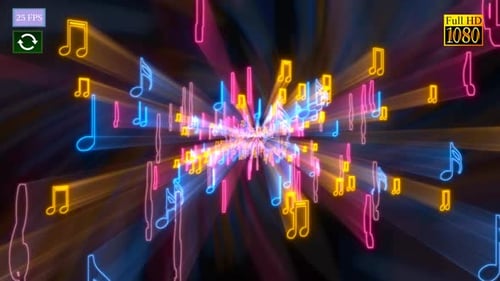 Vibrant Neon Music Notes Tunnel Loop Background