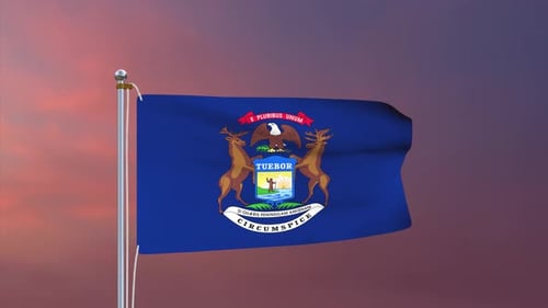 Michigan State Flag Waving with Realistic Fabric Movement