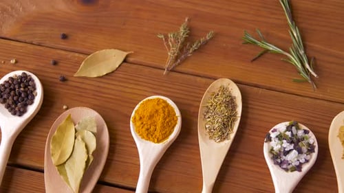 Spoons with Different Spices on Wooden Table 8