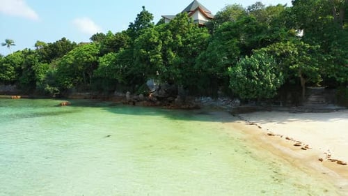 Aerial tourism of perfect coast beach voyage by blue green lagoon and white sandy background of a da