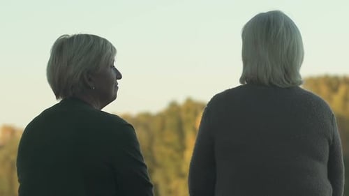 Old Female Talking to Friend Outside, Resting in Park Together, Communication