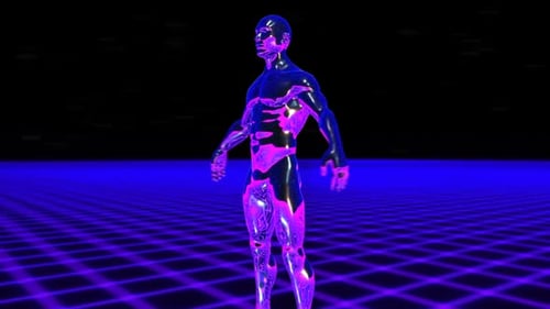 Cybernetic Human Figure with Glowing Neon Patterns on Digital Grid