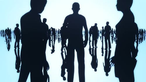 Silhouettes of a huge crowd of people. Big city life. Rising-up camera position.