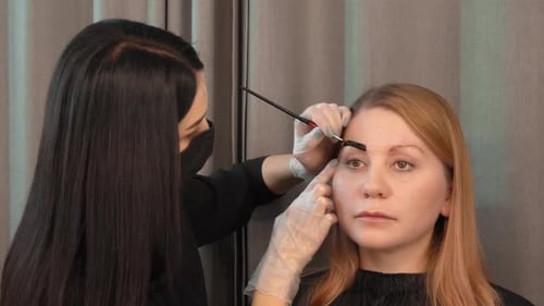 Beautician Applies Eyebrow Dye to a Woman