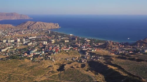 Flight Over the City of Sudak in the Crimea on the Black Sea.