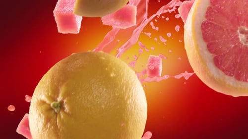 Pomelo con rodajas cayendo sobre fondo rojo