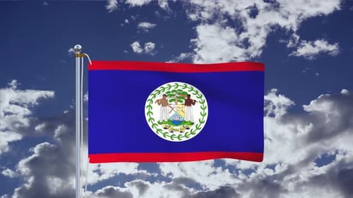 Realistic Waving Belize Flag Animation Against Cloudy Blue Sky