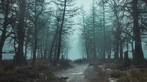 Looped Forest in Fog with Falling Leaves in Slow Motion