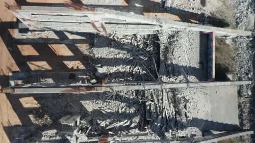 AERIAL: Ruins and Debris of National Stadium in Vilnius with Piles of Cement Laying Everywhere