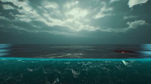 Split View Over and Under Water in the Caribbean Sea with Clouds