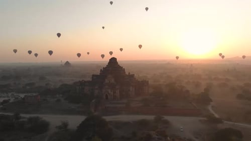 Aerial view of hot balloons in the Old Bagan temple site.